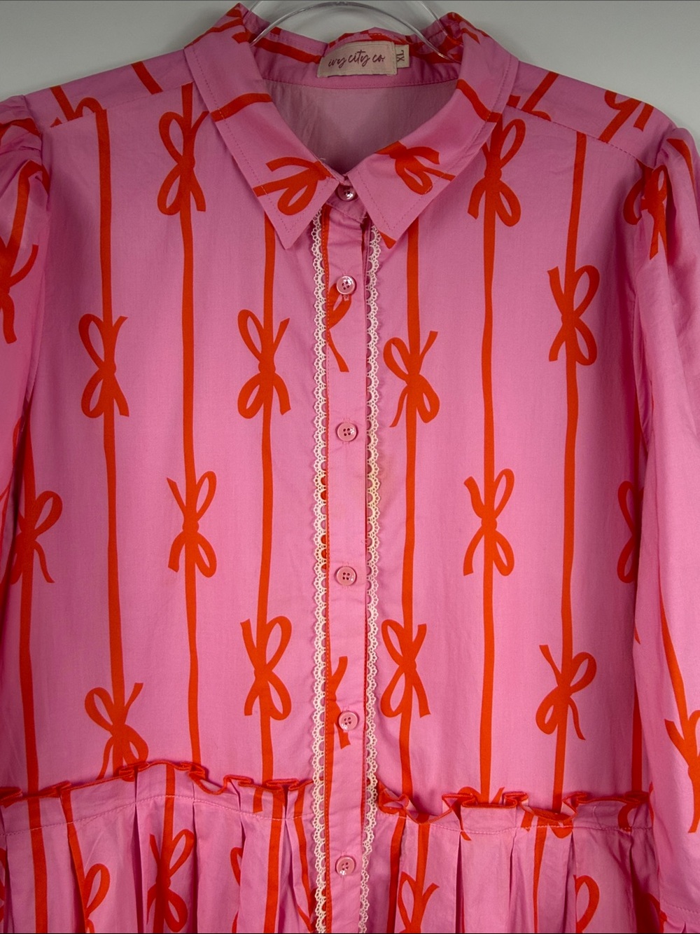 Ivy City Co Bowie Dress XL Pink Orange Bow Print Ruffle Sleeve Tiered Mini - Picture 4 of 9